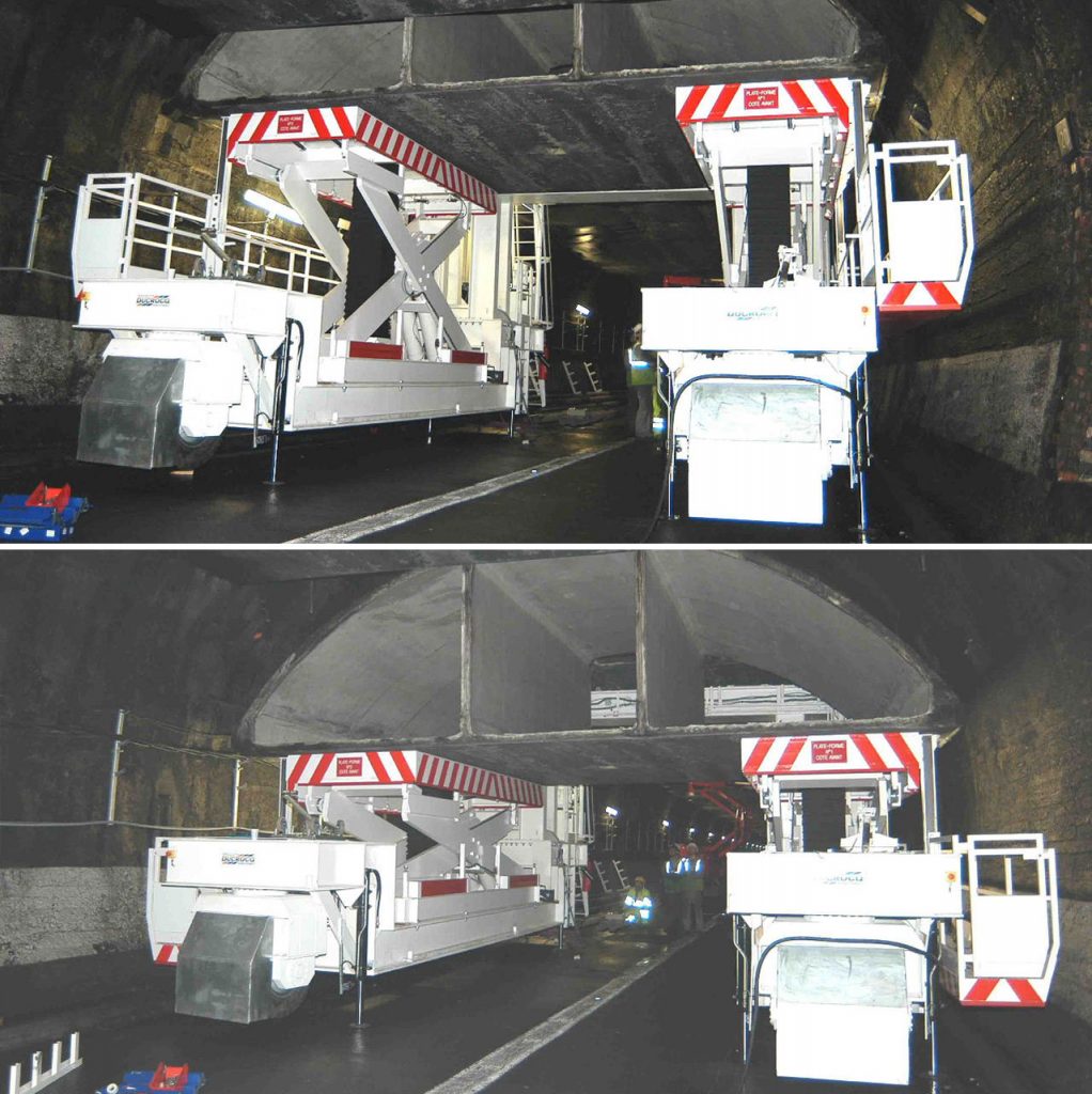 Hubtische für Tunnelarbeiten (2 Fach synchron gesteuert & fahrbar)
